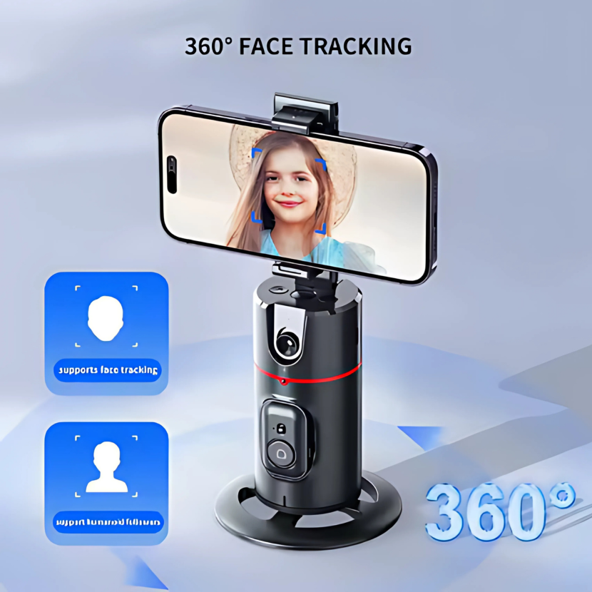 Smart cell phone holder with 360 degree automatic rotation and object tracking