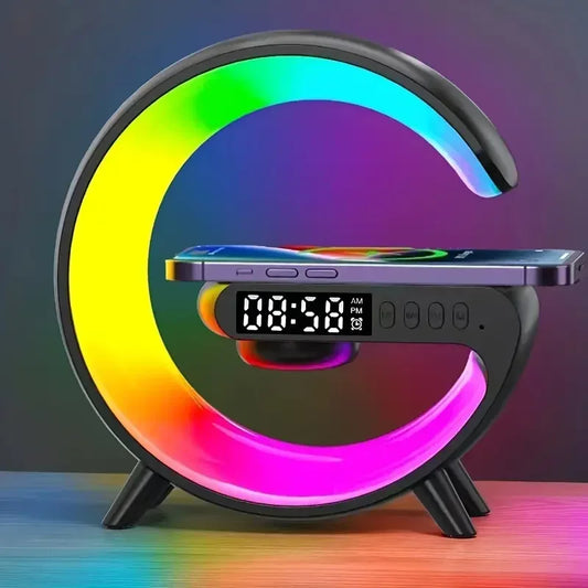 Multifunction support, wireless charger, RGB light, alarm clock and speaker.